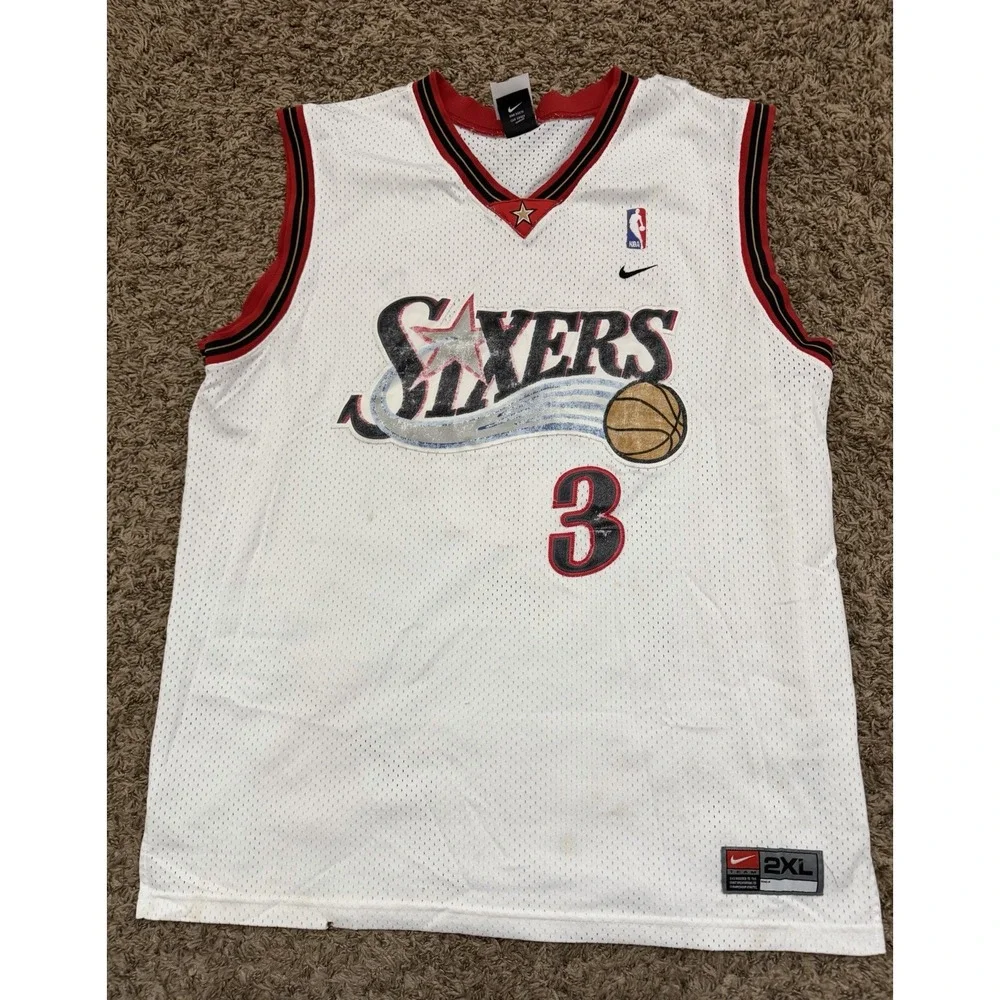Vintage Nike Team Allen Iverson 76ers Jersey White 3 Stitched Mens Size 2XL
